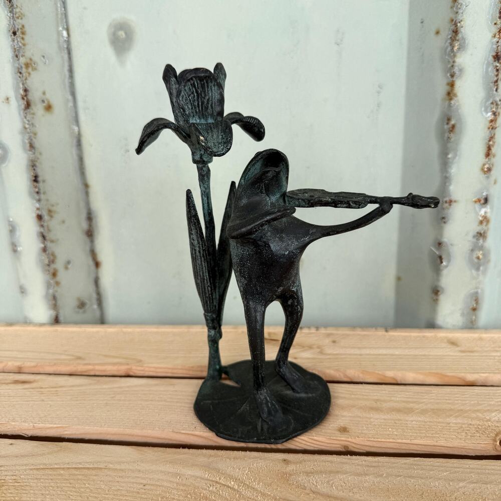 Vintage Bronze Frog on Lily Pad Playing Violin Figurine Candle Holder